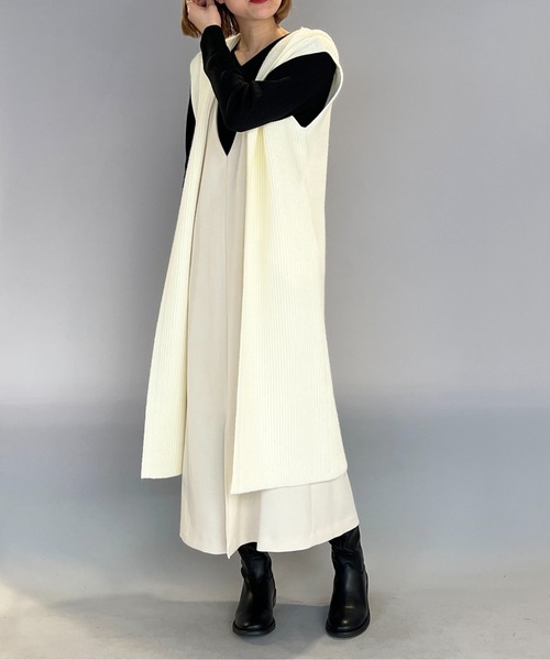 PICCIN(ピッチン)の「フード付畔編みロングジレ(ニット/セーター・レディース・オフホワイト/ブラック・M)」の14枚目の写真