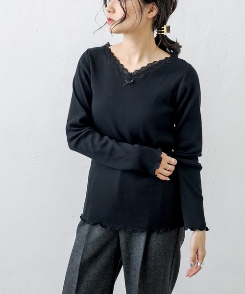 PUAL CE CIN（ピュアルセシン）の「襟レーステレコロングスリーブ（Tシャツ/カットソー・レディース・ブラック/ナチュラル・FREE）」の6枚目の写真