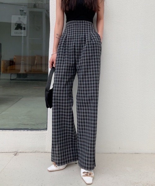 Diosfront（ディオスフロント）の「ハイウエストギンガムチェックセミワイドパンツ（その他パンツ・レディース・ブラック/ブラウン/グリーン・M/L/S）」の6枚目の写真