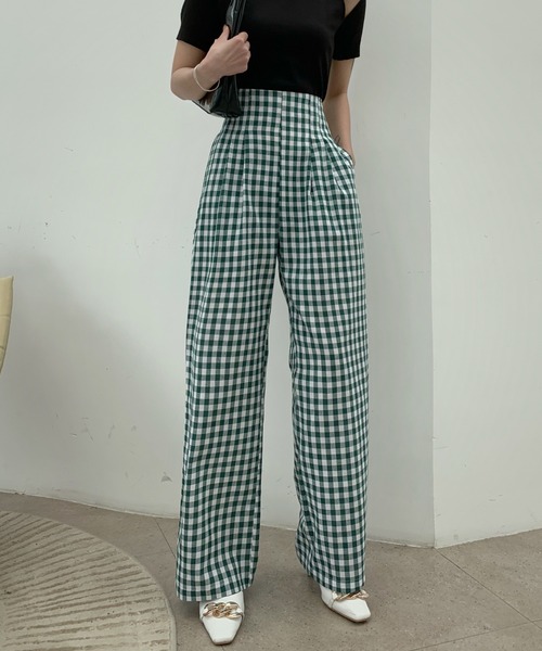 Diosfront（ディオスフロント）の「ハイウエストギンガムチェックセミワイドパンツ（その他パンツ・レディース・ブラック/ブラウン/グリーン・M/L/S）」の15枚目の写真