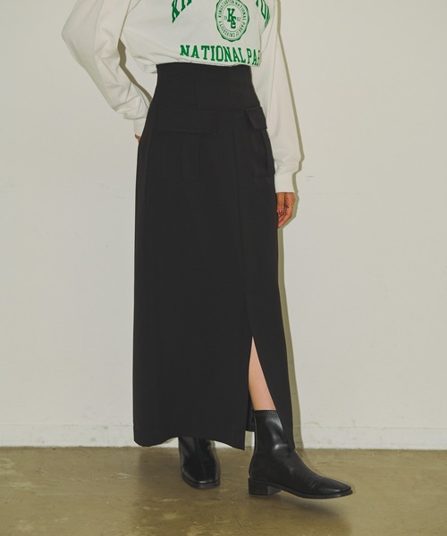 Aunt Marie's（アントマリーズ）の「フロントポケットロングナロースカート / セットアップ対応（スカート・レディース・ブラック/アイボリー/ブラウン・FREE）」の2枚目の写真
