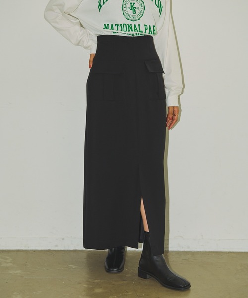 Aunt Marie's（アントマリーズ）の「フロントポケットロングナロースカート / セットアップ対応（スカート・レディース・ブラック/アイボリー/ブラウン・FREE）」の5枚目の写真