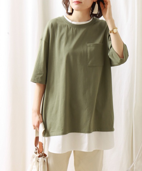 libelle more(リベル モア)の「USAコットン 接触冷感重ね着風プルオーバー(Tシャツ/カットソー・レディース・カーキ/ブラック/オフホワイト/ベージュ/ブルー・M)」の4枚目の写真