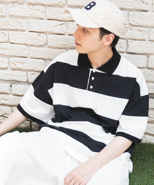 WEGO(ウィゴー)の「WEGO/ヘビーウエイト ワイドボーダーBIGポロ(ポロシャツ・メンズ・ホワイト/ダークグリーン/イエロー・LARGE/MEDIUM)」の2枚目の写真