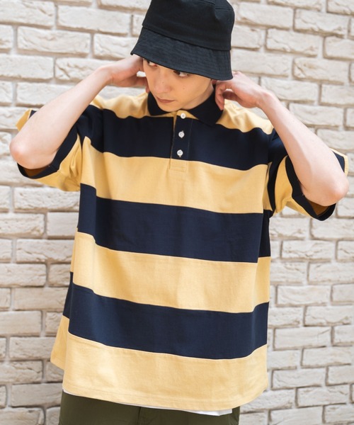 WEGO(ウィゴー)の「WEGO/ヘビーウエイト ワイドボーダーBIGポロ(ポロシャツ・メンズ・ホワイト/ダークグリーン/イエロー・LARGE/MEDIUM)」の16枚目の写真