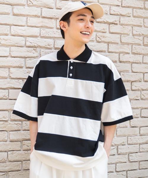 WEGO(ウィゴー)の「WEGO/ヘビーウエイト ワイドボーダーBIGポロ(ポロシャツ・メンズ・ホワイト/ダークグリーン/イエロー・LARGE/MEDIUM)」の4枚目の写真