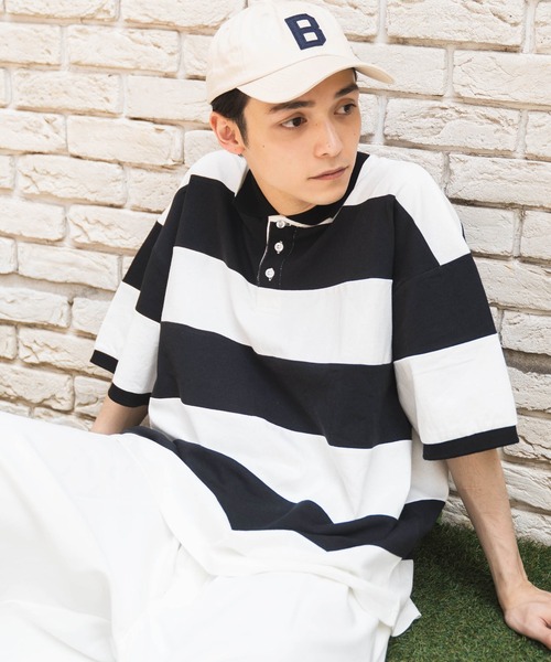 WEGO(ウィゴー)の「WEGO/ヘビーウエイト ワイドボーダーBIGポロ(ポロシャツ・メンズ・ホワイト/ダークグリーン/イエロー・LARGE/MEDIUM)」の6枚目の写真