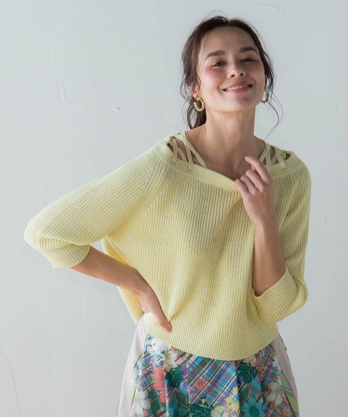 片畔肩レースアップバックリボンプルオーバー ニット セーター Viaggio Blu ビアッジョブルー