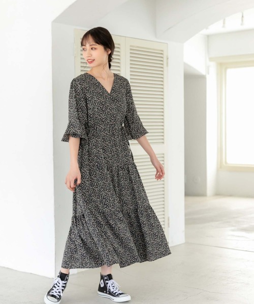 韓国 ワンピース ティアード ドロスト イレヘム カシュクール ティアードワンピース レディース 春 秋 夏 花柄 カシュクール