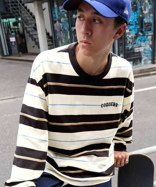 MONO-MART(モノマート)の「【CODDERR】マルチボーダー ロゴ刺繍 ビッグシルエット長袖Tシャツ(Tシャツ/カットソー・メンズ・ブラック系/グリーン系/アイボリー/パープル系・M/L)」の20枚目の写真