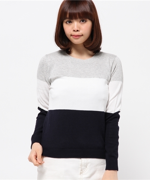 OUTLET（アウトレット）の「【mystic】配色ボーダーニット（ニット/セーター・レディース・ブルー/オフホワイト/ピンク・FREE）」の2枚目の写真