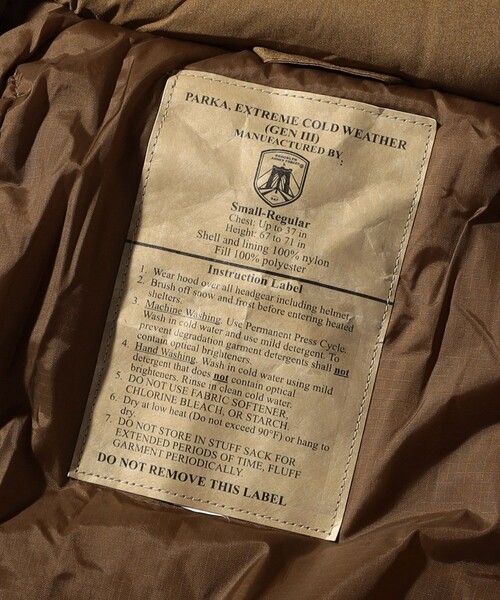 FREAK'S STORE（フリークスストア）の「WEB限定 US MILITARY/ユーエスミリタリー LEVEL7 ECWCS PARKA PRIMALOFT/プリマロフト/レギュラータイプ（ダウンジャケット/コート・メンズ・オリーブ/ブラウン/ブルーグリーン・MEDIUM/SMALL/LARGE/X-SMALL）」の9枚目の写真