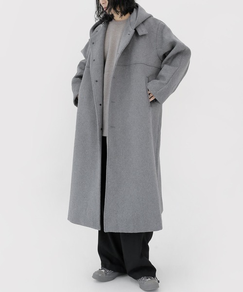 minsobi（ミンソビ）の「フードロングコート ウールロングコート（ステンカラーコート・メンズ・ブラック/グレー・FREE）」の2枚目の写真