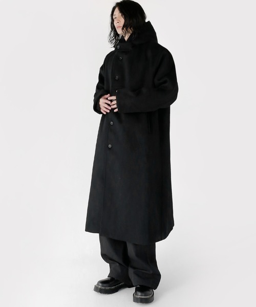 minsobi（ミンソビ）の「フードロングコート ウールロングコート（ステンカラーコート・メンズ・ブラック/グレー・FREE）」の6枚目の写真
