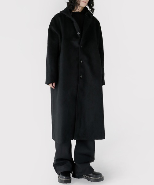 minsobi（ミンソビ）の「フードロングコート ウールロングコート（ステンカラーコート・メンズ・ブラック/グレー・FREE）」の3枚目の写真