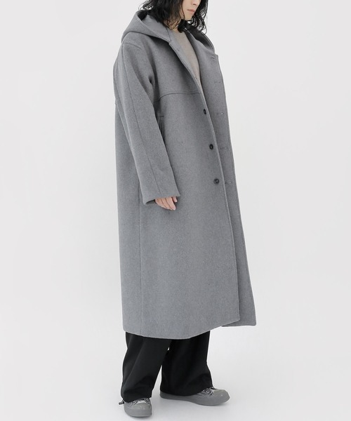 minsobi（ミンソビ）の「フードロングコート ウールロングコート（ステンカラーコート・メンズ・ブラック/グレー・FREE）」の10枚目の写真