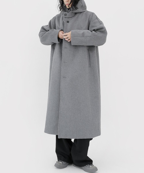 minsobi（ミンソビ）の「フードロングコート ウールロングコート（ステンカラーコート・メンズ・ブラック/グレー・FREE）」の14枚目の写真