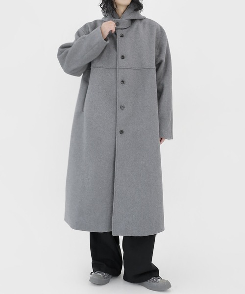 minsobi（ミンソビ）の「フードロングコート ウールロングコート（ステンカラーコート・メンズ・ブラック/グレー・FREE）」の17枚目の写真