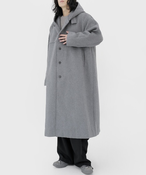minsobi（ミンソビ）の「フードロングコート ウールロングコート（ステンカラーコート・メンズ・ブラック/グレー・FREE）」の4枚目の写真