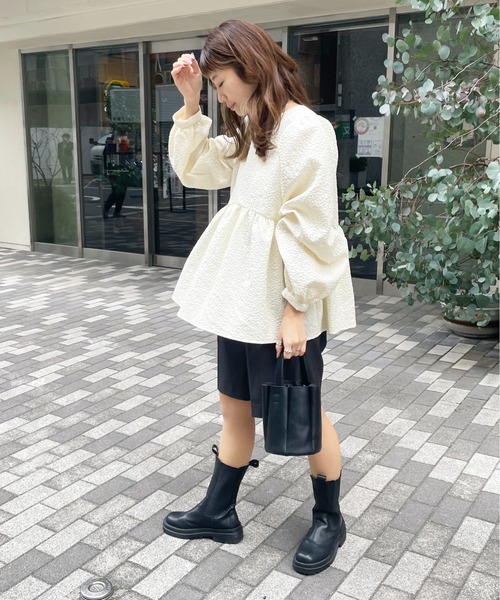 StyleSea（スタイルシー）の「ジャガードペプラムブラウス（シャツ/ブラウス・レディース・ブラック/アイボリー/イエロー・FREE）」の5枚目の写真