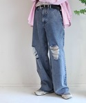 WONDER WONDER | ダメージデニムワイドフレアパンツ / RIPPED DENIM PANTS【セットアップ対応】(牛仔褲)