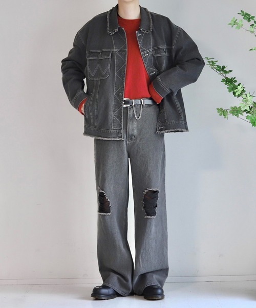 WONDER WONDER（ワンダーワンダー）の「ダメージデニムワイドフレアパンツ / RIPPED DENIM PANTS【セットアップ対応】（デニムパンツ・メンズ・ブラック/ブルー・S/M/L）」の18枚目の写真