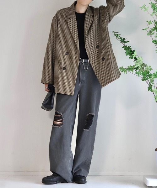 WONDER WONDER（ワンダーワンダー）の「ダメージデニムワイドフレアパンツ / RIPPED DENIM PANTS【セットアップ対応】（デニムパンツ・メンズ・ブラック/ブルー・S/M/L）」の12枚目の写真