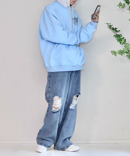 WONDER WONDER（ワンダーワンダー）の「ダメージデニムワイドフレアパンツ / RIPPED DENIM PANTS【セットアップ対応】（デニムパンツ・メンズ・ブラック/ブルー・S/M/L）」の3枚目の写真