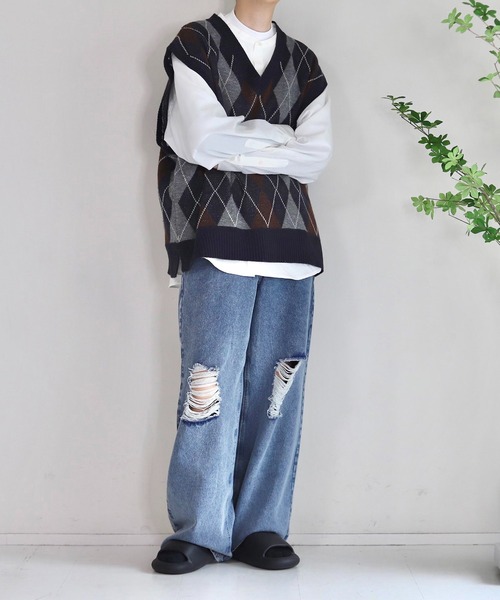 デニム ダメージ セットアップ トップス パンツ XS-3XL セットアップ】オーバーサイズデニムジャケット＆ワイド