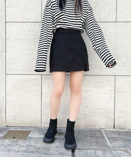 threetimes 黒 ミニスカート スリット付き 韓国threetimes スリータイムズ】Athletic slit skirt