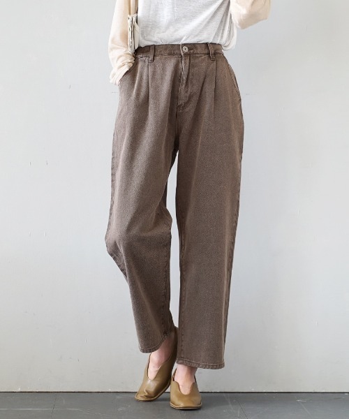 e-zakkamania stores(イーザッカマニアストアーズ)の「ストーンウォッシュカラー ワンタック ツイルパンツ(その他パンツ・レディース・ベージュ/カーキ/ブラック/ブラウン・M/L)」の1枚目の写真