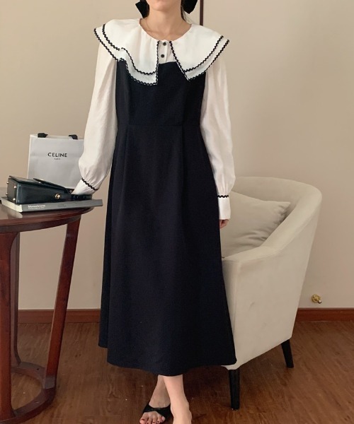 SETUP7(セットアップセブン)の「【SETUP7】フリルビッグカラー切り替えタックワンピース SCCH329(ワンピース・レディース・ブラック/ベージュ/グリーン・M/S)」の11枚目の写真