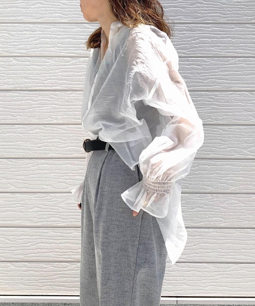 Q（キュー）の「バンドカラーシャーリングブラウス（シャツ/ブラウス・レディース・ブラック/ホワイト/マスタード・MEDIUM）」の12枚目の写真