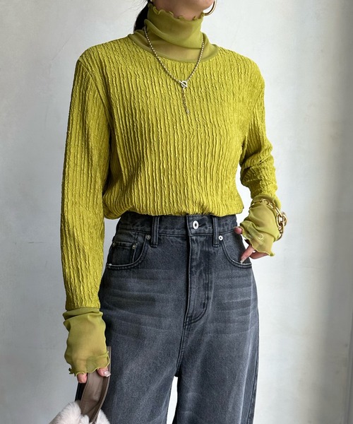 DouDou(ドゥドゥ)の「レイヤードライクシャーリングトップス(Tシャツ/カットソー・レディース・アイボリー/イエロー系1/ブラック・FREE)」の14枚目の写真