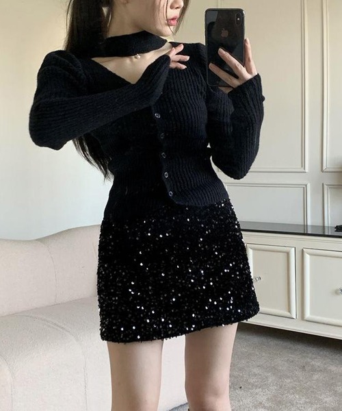 Nia（ニア）の「Nia(ニア)/チョーカー風　パフスリーブ　リブニット（ニット/セーター・レディース・ブラック/レッド/アイボリー・FREE）」の11枚目の写真