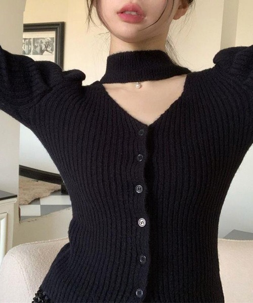 Nia（ニア）の「Nia(ニア)/チョーカー風　パフスリーブ　リブニット（ニット/セーター・レディース・ブラック/レッド/アイボリー・FREE）」の15枚目の写真