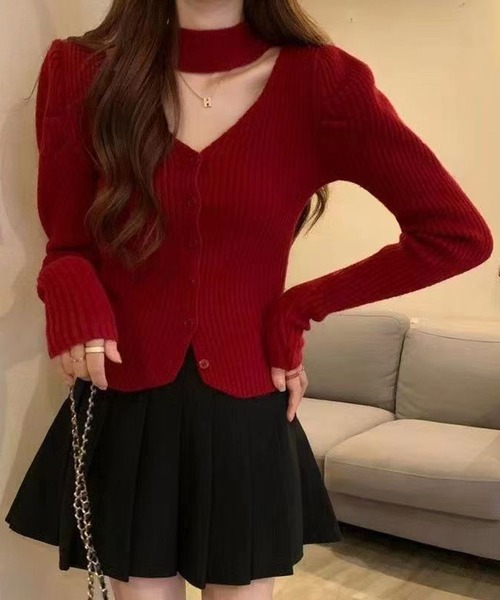 Nia（ニア）の「Nia(ニア)/チョーカー風　パフスリーブ　リブニット（ニット/セーター・レディース・ブラック/レッド/アイボリー・FREE）」の16枚目の写真