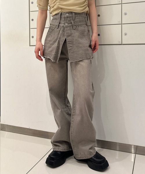 セール】[3サイズ展開][全骨格美脚見え]スカートレイヤード風ワイド