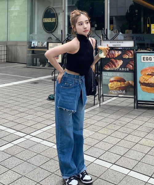 solleim（ソルレム）の「[3サイズ展開][全骨格美脚見え]スカートレイヤード風ワイドデニム（デニムパンツ・レディース・ブルー/ブラック系・S/M/L）」の11枚目の写真