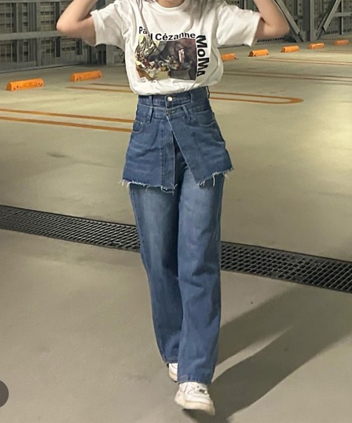 solleim（ソルレム）の「[3サイズ展開][全骨格美脚見え]スカートレイヤード風ワイドデニム（デニムパンツ・レディース・ブルー/ブラック系・S/M/L）」の17枚目の写真