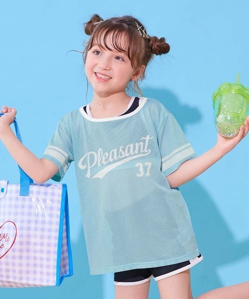 devirock（デビロック）の「メッシュTシャツ付き UVカット セパレート水着3Pセット（水着・キッズ・ホワイト/パープル系4/スミクロ/グリーン系・110cm/100cm/130cm/120cm/160cm/150cm/140cm）」の3枚目の写真