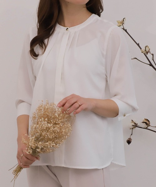 mil(ミル)の「【150㎝前後の小柄さんサイズ】バンドカラージョーゼットブラウス(シャツ/ブラウス・レディース・ブラック/ピンク/オフホワイト・M/S)」の2枚目の写真