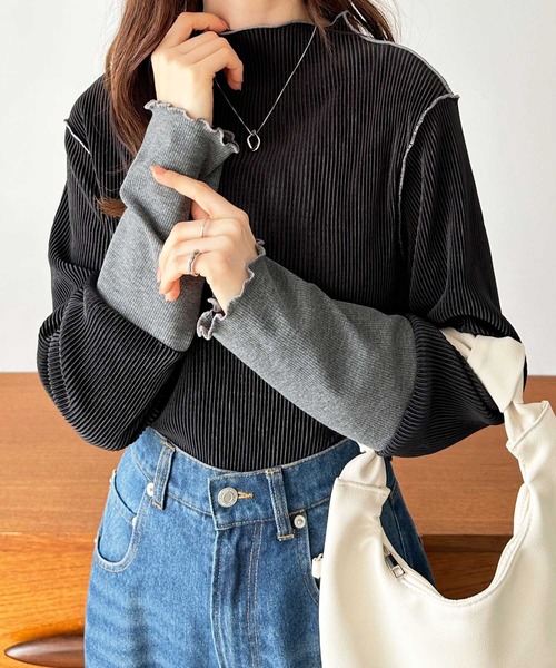GeeRA(ジーラ)の「配色切替メロープリーツトップス(Tシャツ/カットソー・レディース・ブルー/ブラック/ライトグレー・SMALL/MEDIUM/LARGE/X-LARGE)」の2枚目の写真