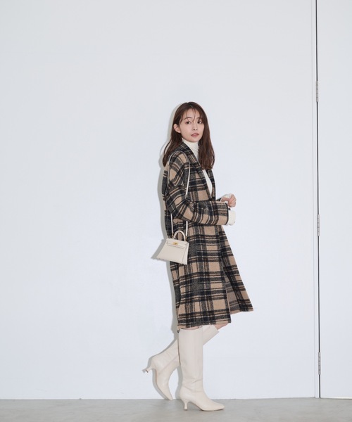 ITALYロングチェックスプリングコート（ノーカラーコート）｜MOCOA'S