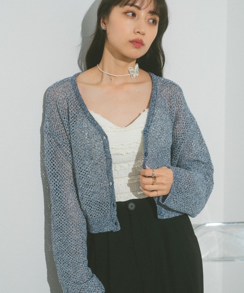 新品✨カデュネ　リボンラメカーディガン　半袖　前後2way　ブルー　M 新品✨カデュネ リボンラメカーディガン 半袖 前後2way ブルー M