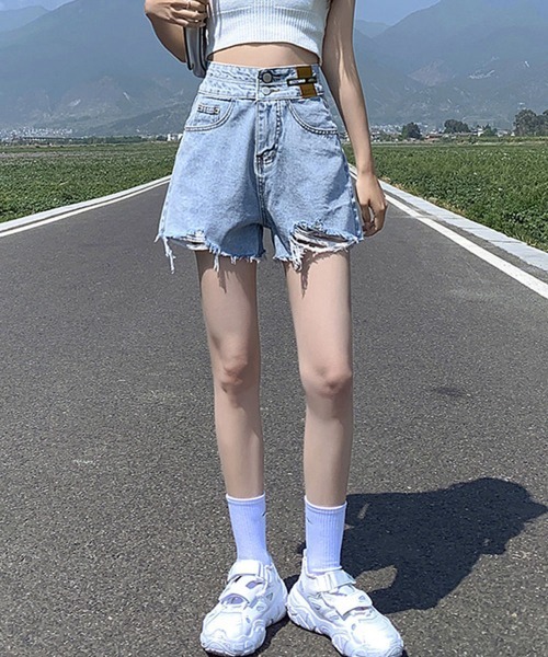 Miniministore(ミニミニストア)の「ダメージ加工デニムショートパンツ 韓国風(デニムパンツ・レディース・ブラック/サックスブルー/ホワイト・L/M/XL)」の8枚目の写真