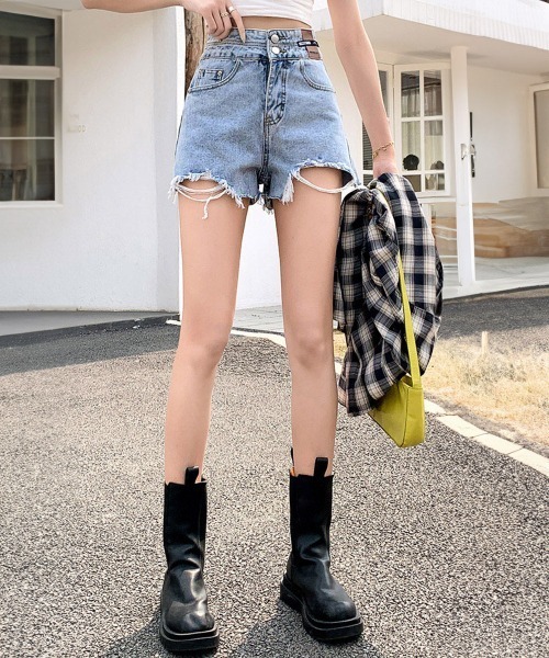 Miniministore(ミニミニストア)の「ダメージ加工デニムショートパンツ 韓国風(デニムパンツ・レディース・ブラック/サックスブルー/ホワイト・L/M/XL)」の9枚目の写真