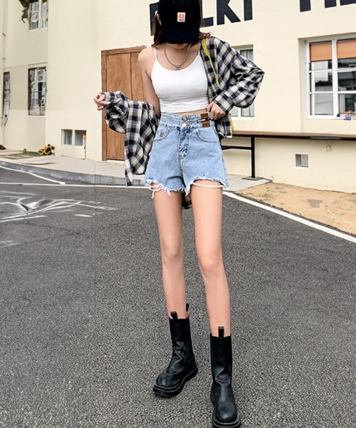 Miniministore(ミニミニストア)の「ダメージ加工デニムショートパンツ 韓国風(デニムパンツ・レディース・ブラック/サックスブルー/ホワイト・L/M/XL)」の10枚目の写真