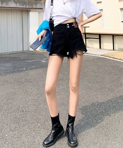 Miniministore(ミニミニストア)の「ダメージ加工デニムショートパンツ 韓国風(デニムパンツ・レディース・ブラック/サックスブルー/ホワイト・L/M/XL)」の14枚目の写真