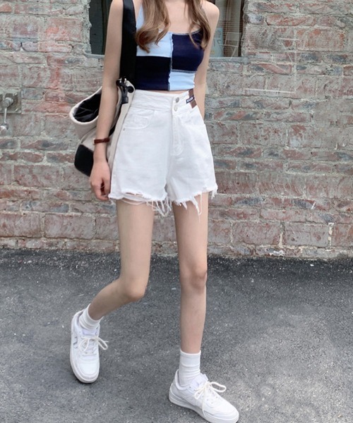 Miniministore(ミニミニストア)の「ダメージ加工デニムショートパンツ 韓国風(デニムパンツ・レディース・ブラック/サックスブルー/ホワイト・L/M/XL)」の19枚目の写真